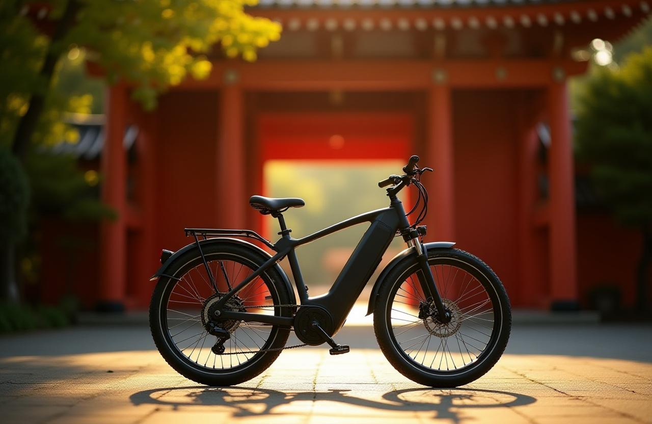 文京区の歴史的な寺院の前を走る電動アシスト自転車