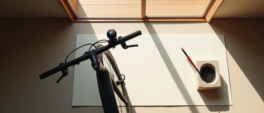 静かな書道の道具とモダンな自転車のイメージ